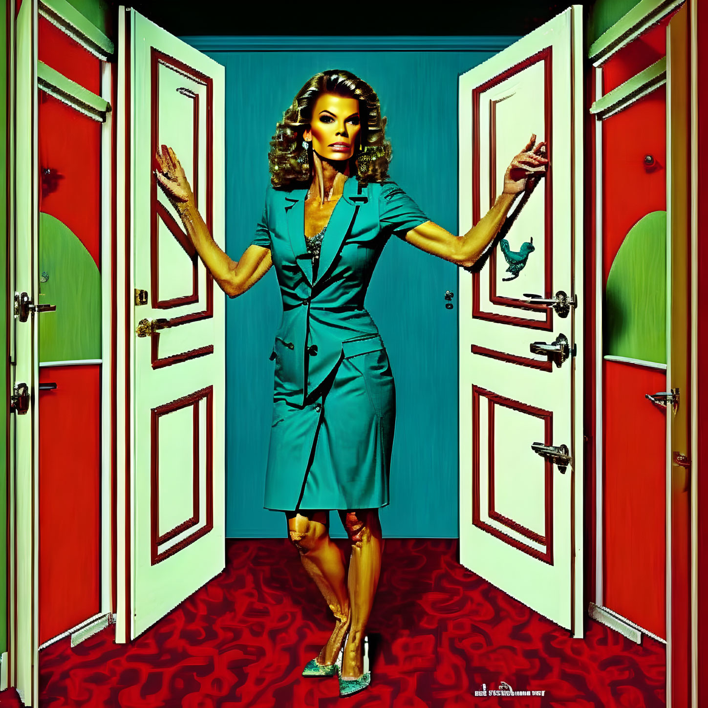 Woman in teal dress between red and green doors, confident pose, vibrant background