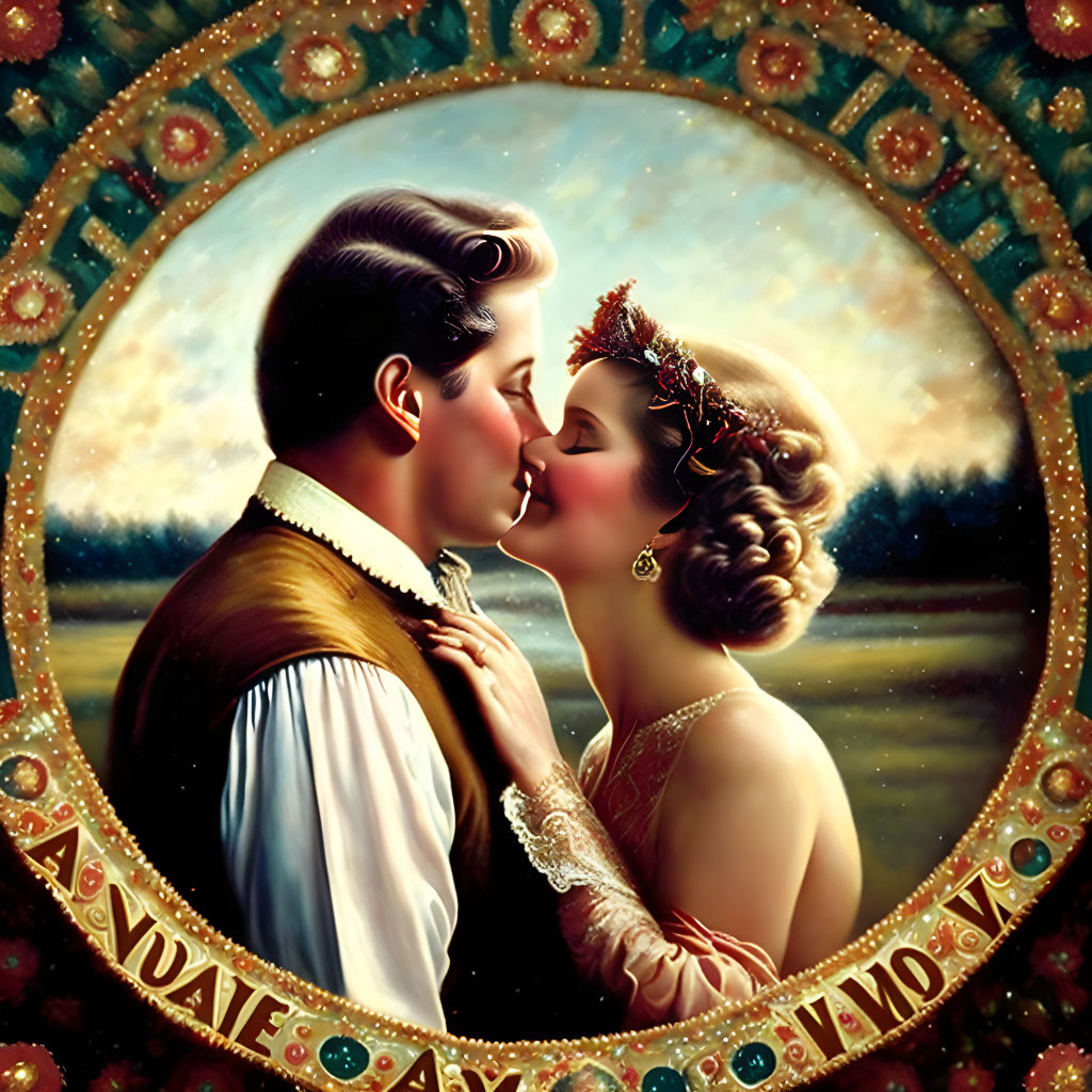 Romantic Couple Kissing in Circular Ornate Frame