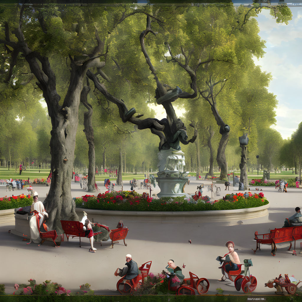 Lively park scene with statue, benches, lush trees, and people on sunny day