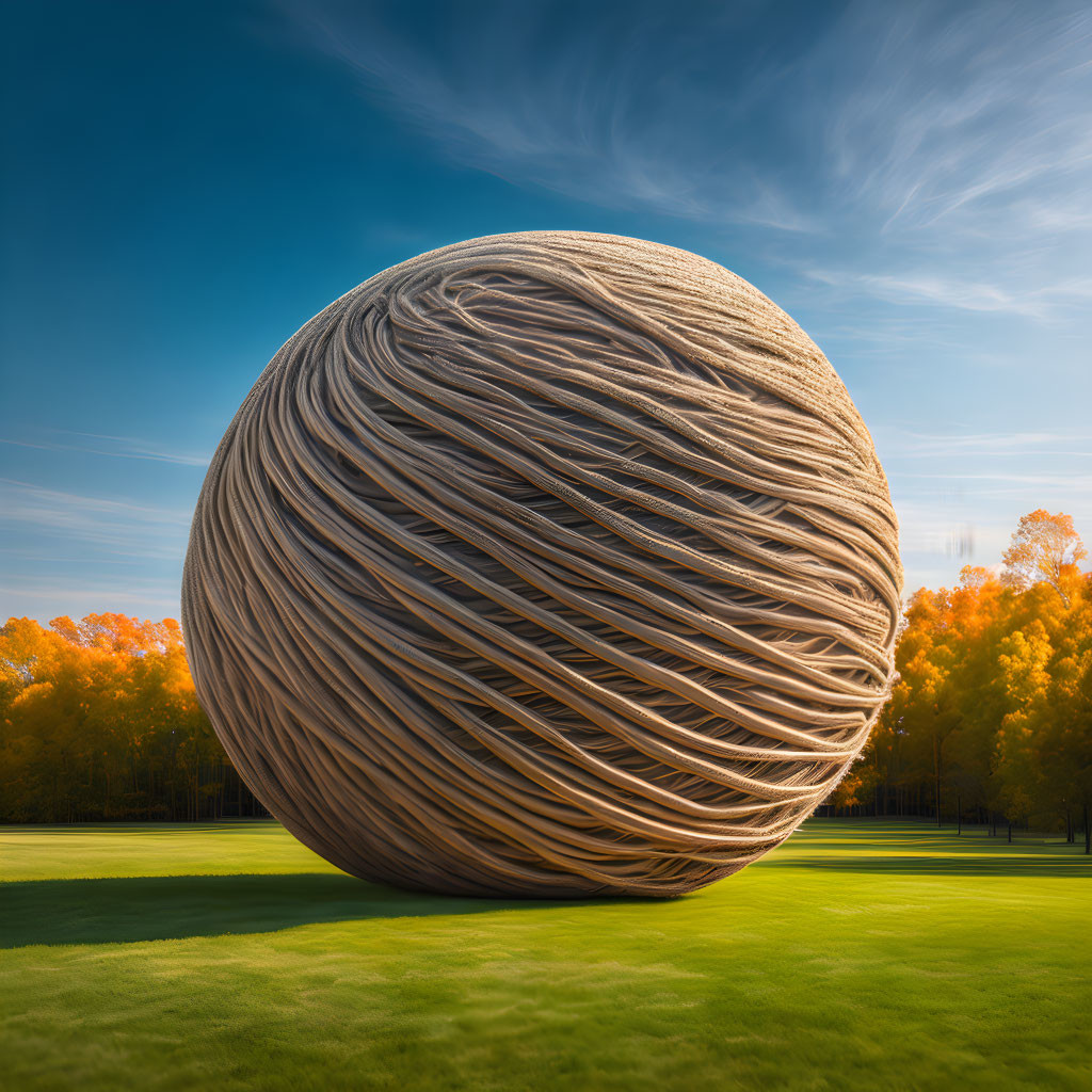 Giant wooden ball sculpture on green field with autumn trees