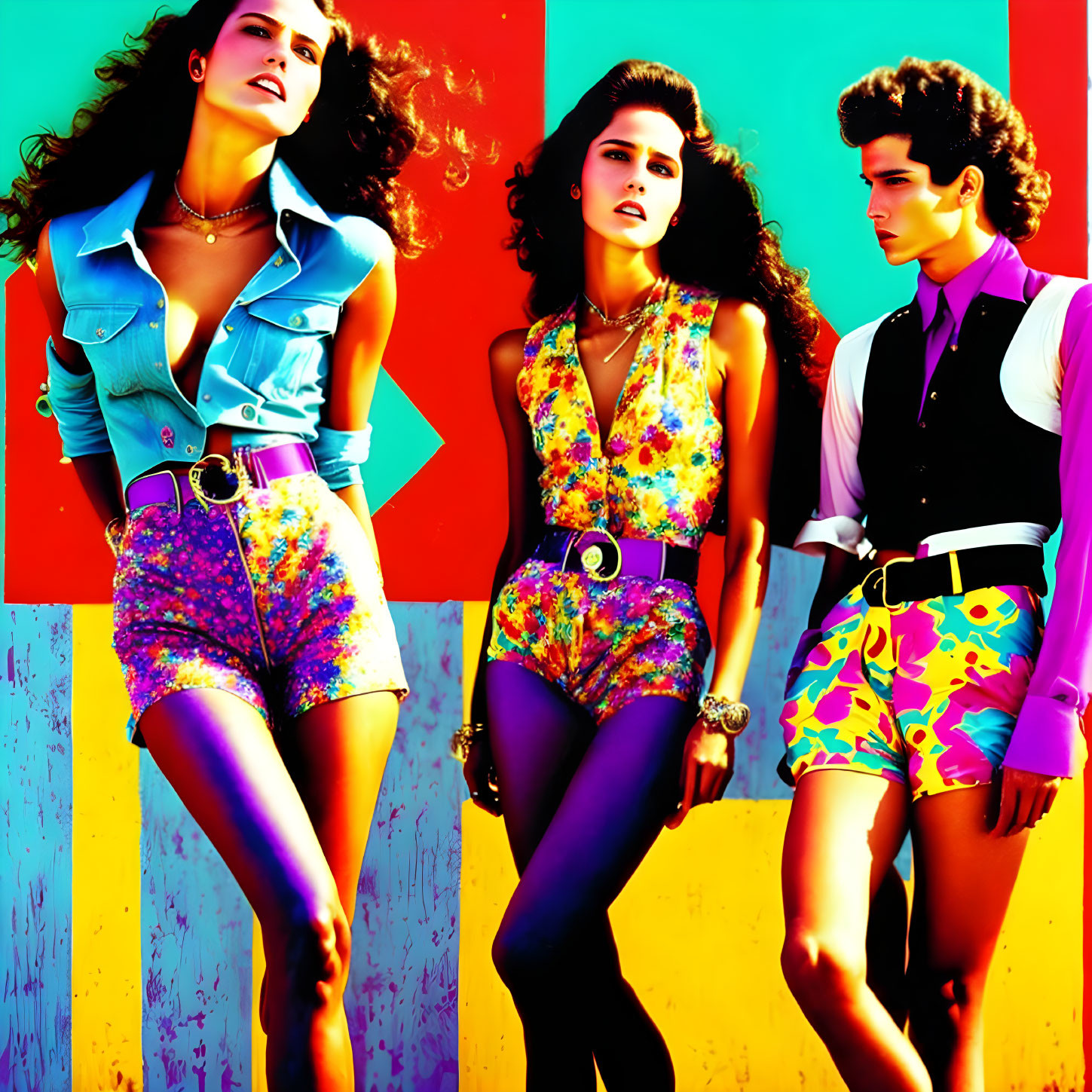 Three models in vibrant 80s fashion against color-blocked backdrop