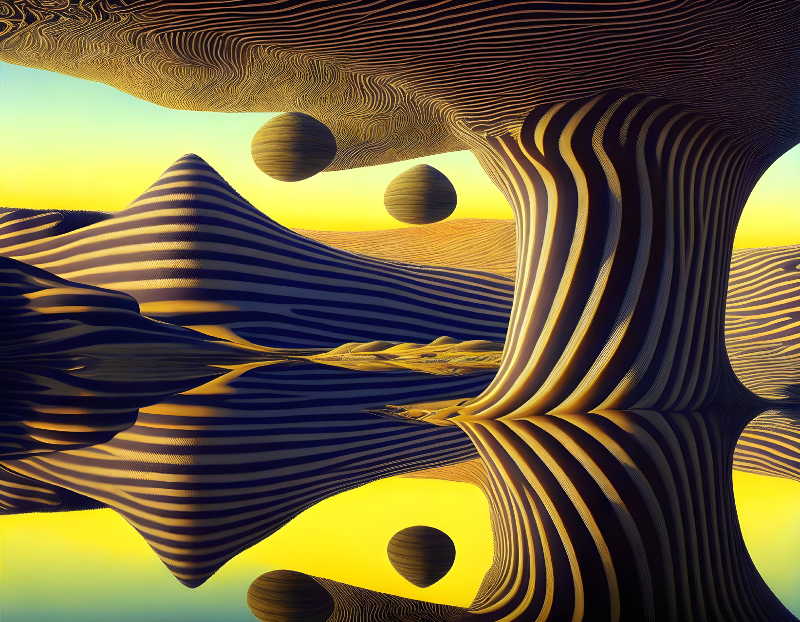 Surreal 3D landscape with flowing striped patterns and spherical forms on yellow backdrop