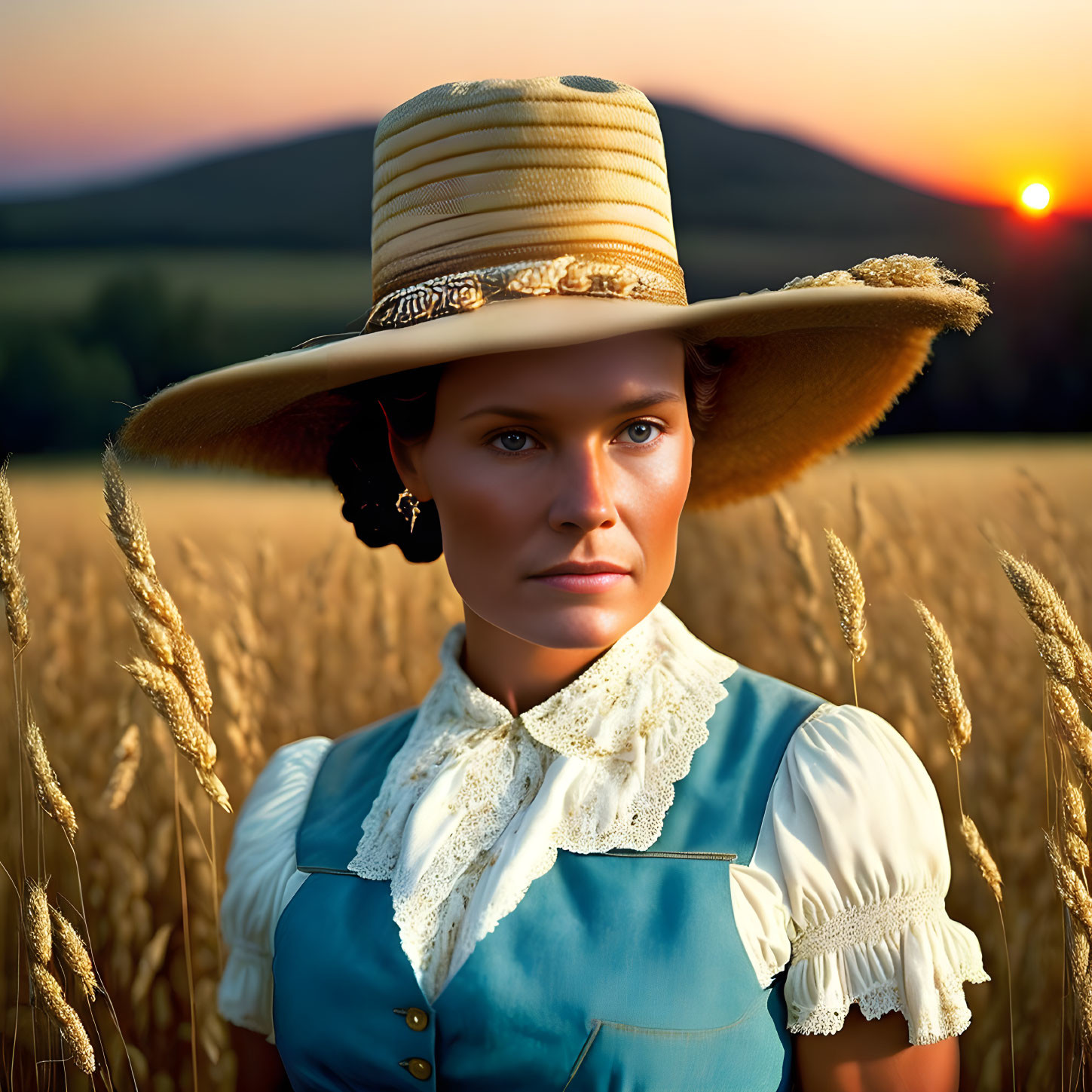 Woman in vintage attire standing in wheat field at sunset.