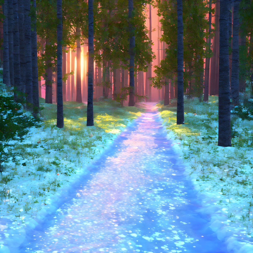 Enchanting forest pathway illuminated by blue light