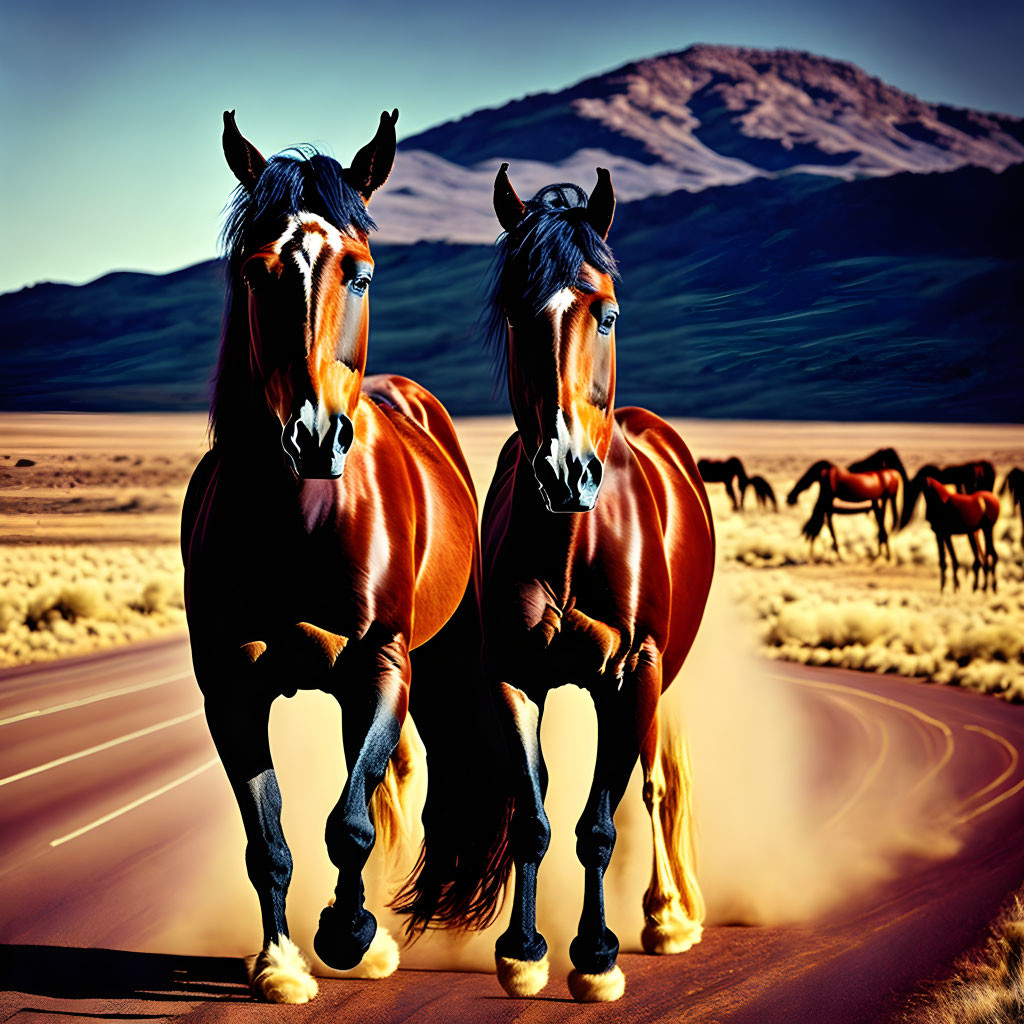 Majestic horses and desert landscape at dusk