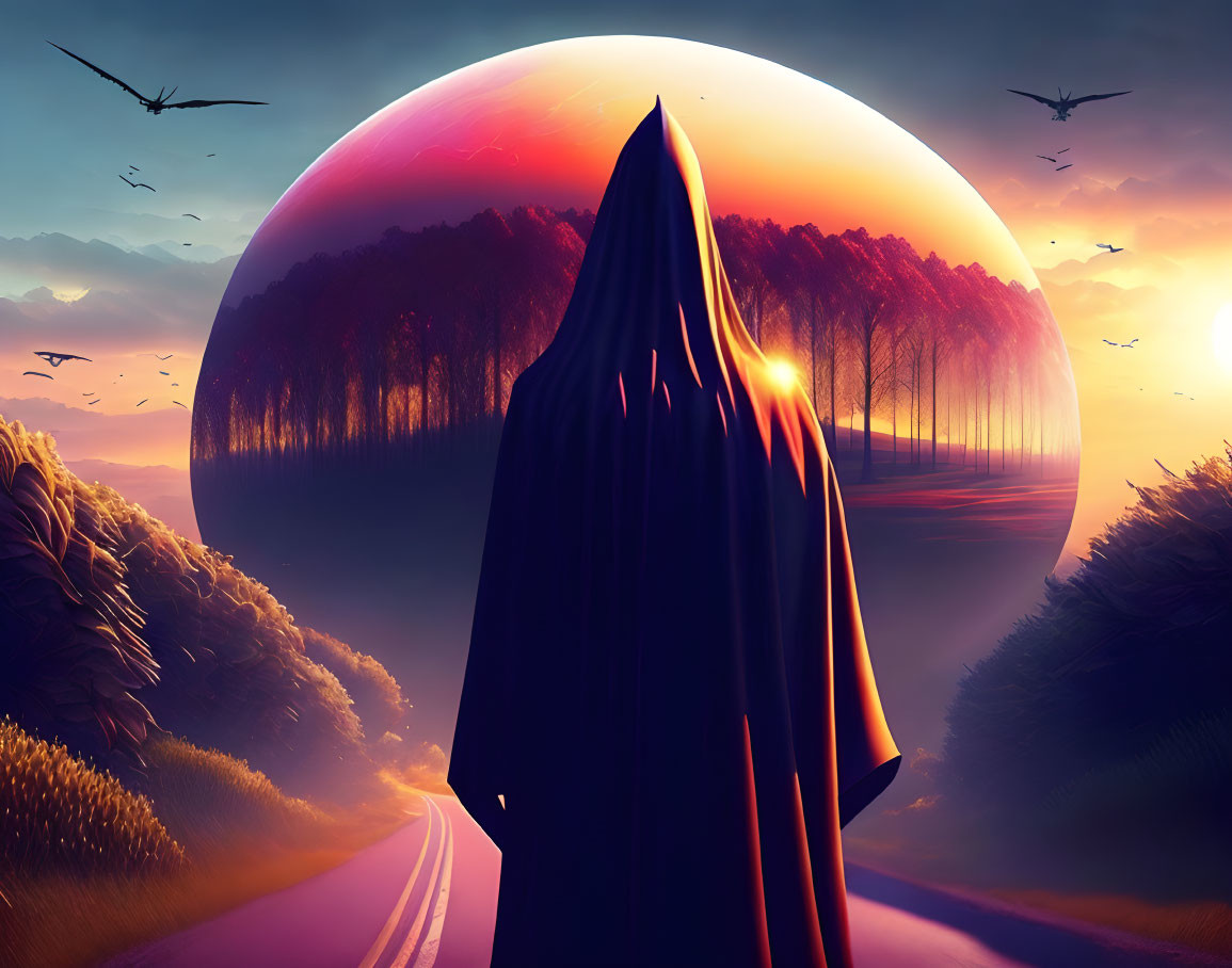 Cloaked figure admires surreal sunset over silhouette forest