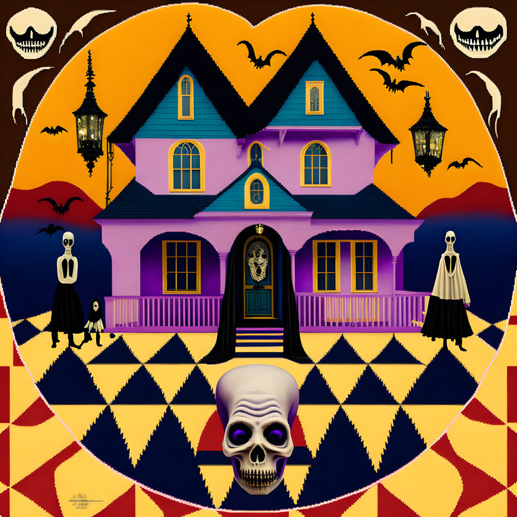 Purple haunted house, spooky ghosts, bats, skull in Halloween-themed illustration