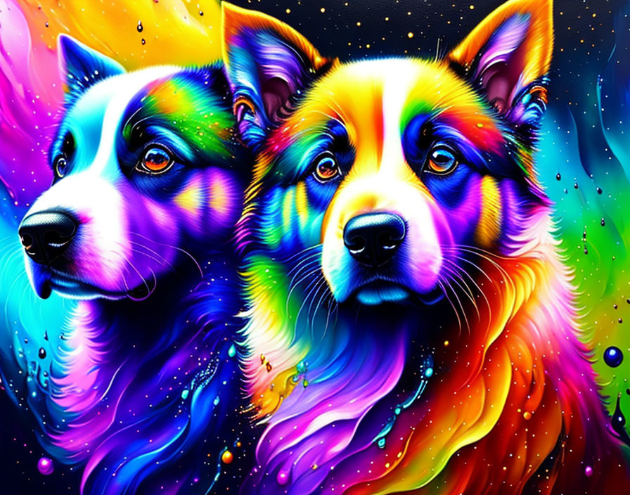 Colorful Multicolored Dogs Faces on Cosmic Background