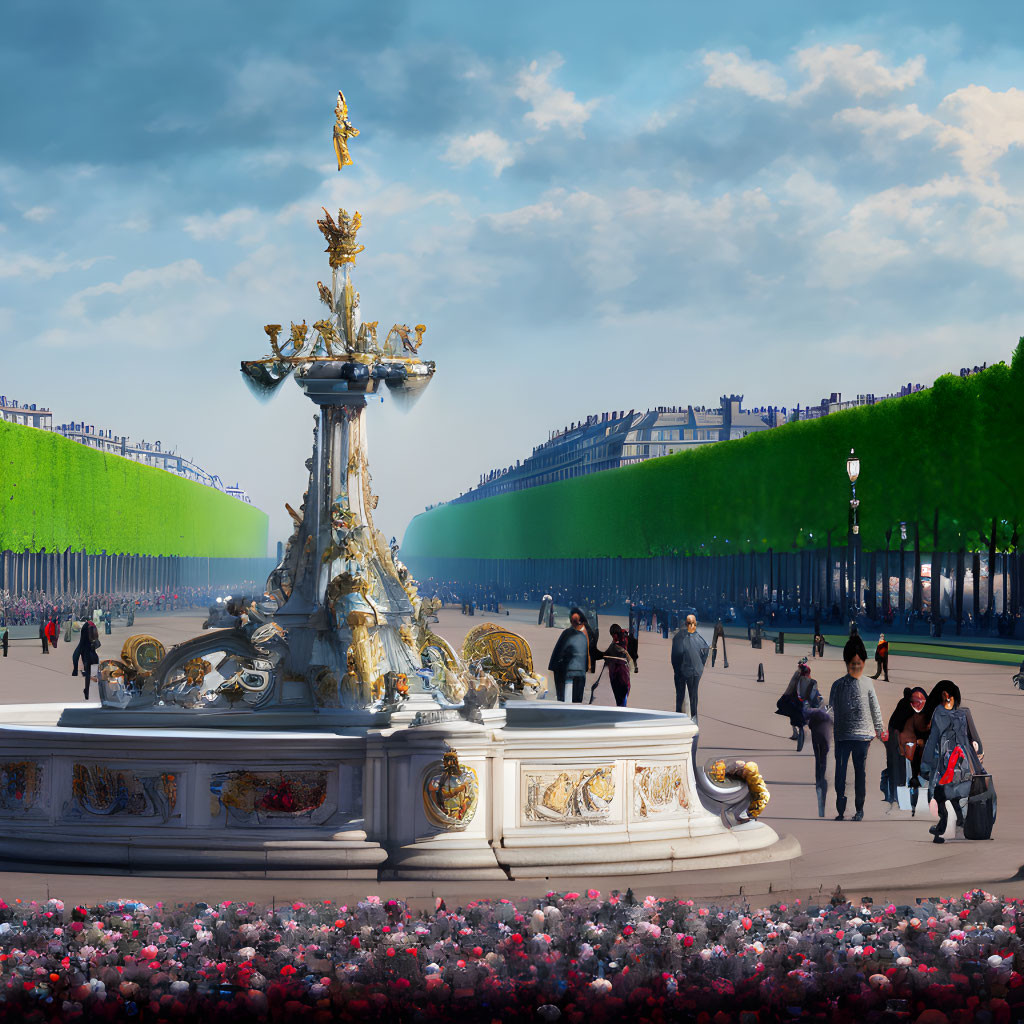 Golden fountain with sculptures in public square, surrounded by flowers and visitors