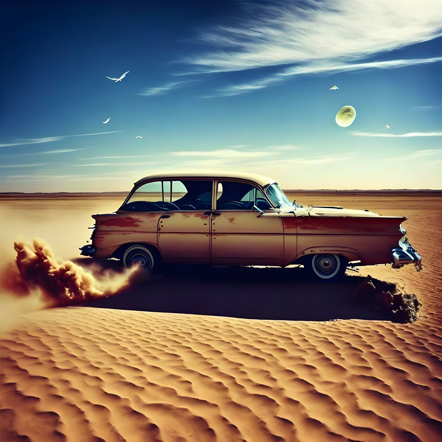 Abandoned vintage car with burst tire in desert landscape