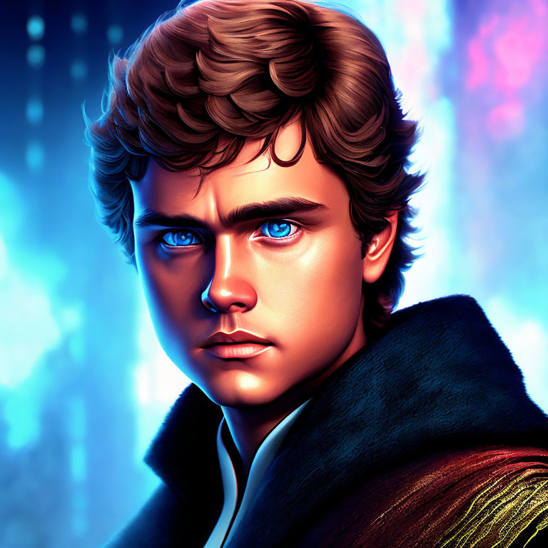 Young man with blue eyes and red cloak in futuristic digital art