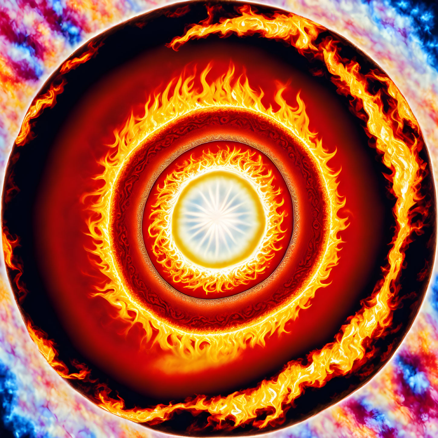 Abstract fiery rings surrounding central point depiction.