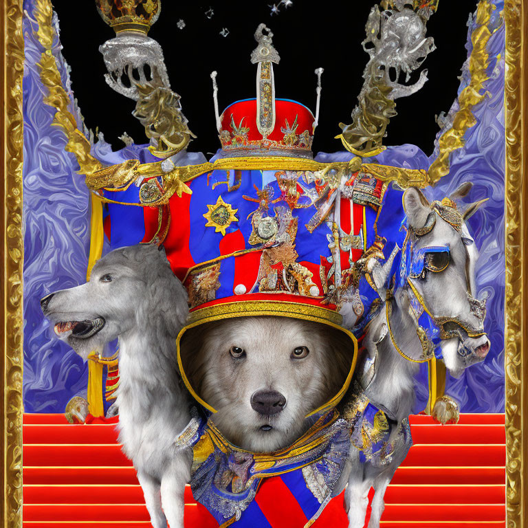 Stoic dog in regal uniform with crown among horses, scepters, throne on red and