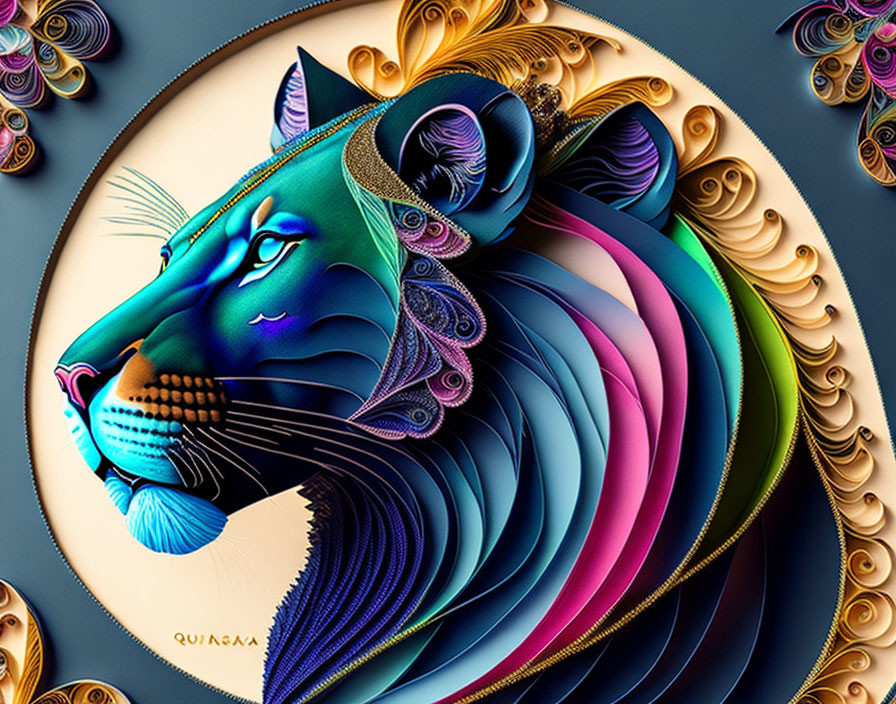 Colorful Paper Cut-Out Tiger Head with Gold Details on Dark Background