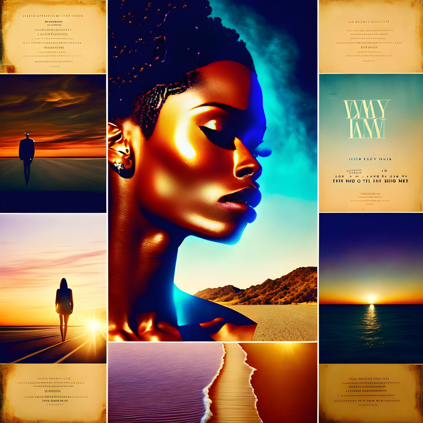 Collage of Silhouette Figures, Woman Profile, and Text Pages