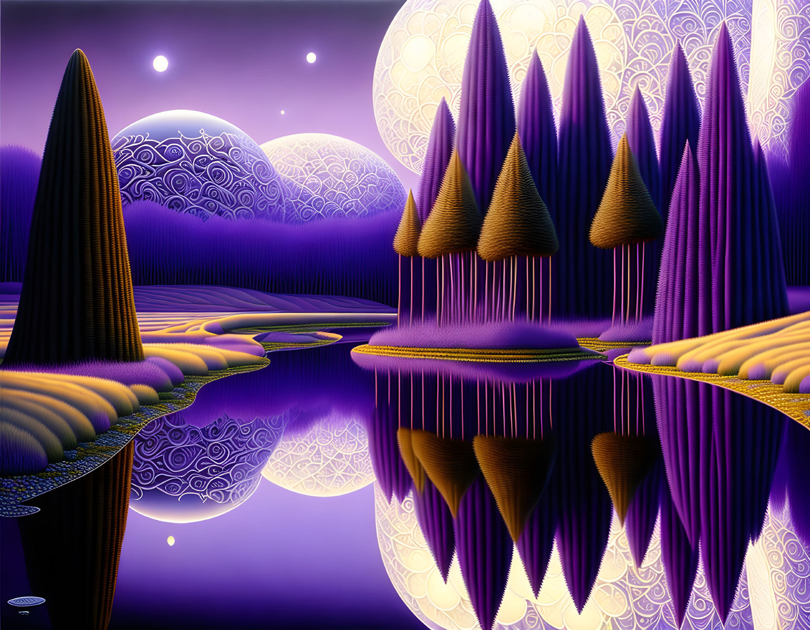 Surreal landscape with purple and gold hues and pointed hills