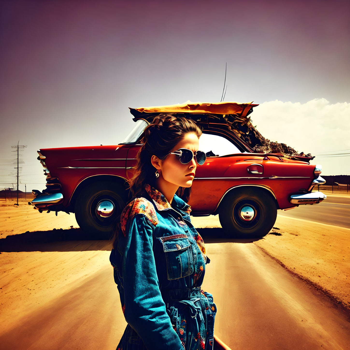 Fashionable woman in denim jacket by classic car on sunny road