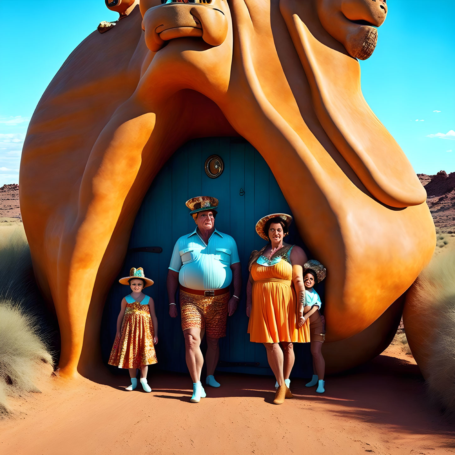 Quirky family portrait with lion-shaped house backdrop