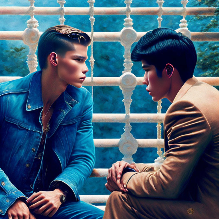 Stylish men in blue denim and brown blazer on ornate balustrade steps