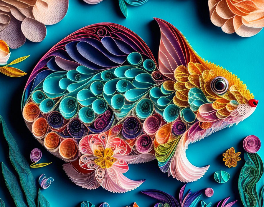 Colorful Quilled Paper Fish Art on Teal Background