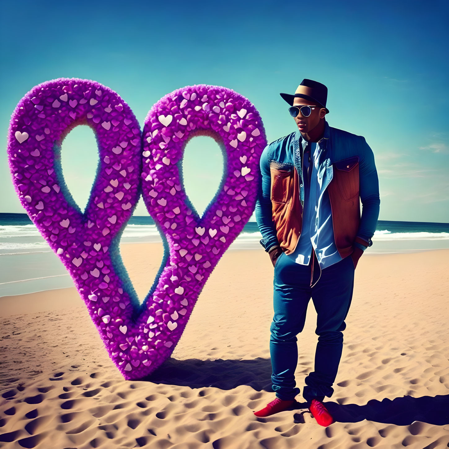 Man in sunglasses and hat by heart-shaped art on beach