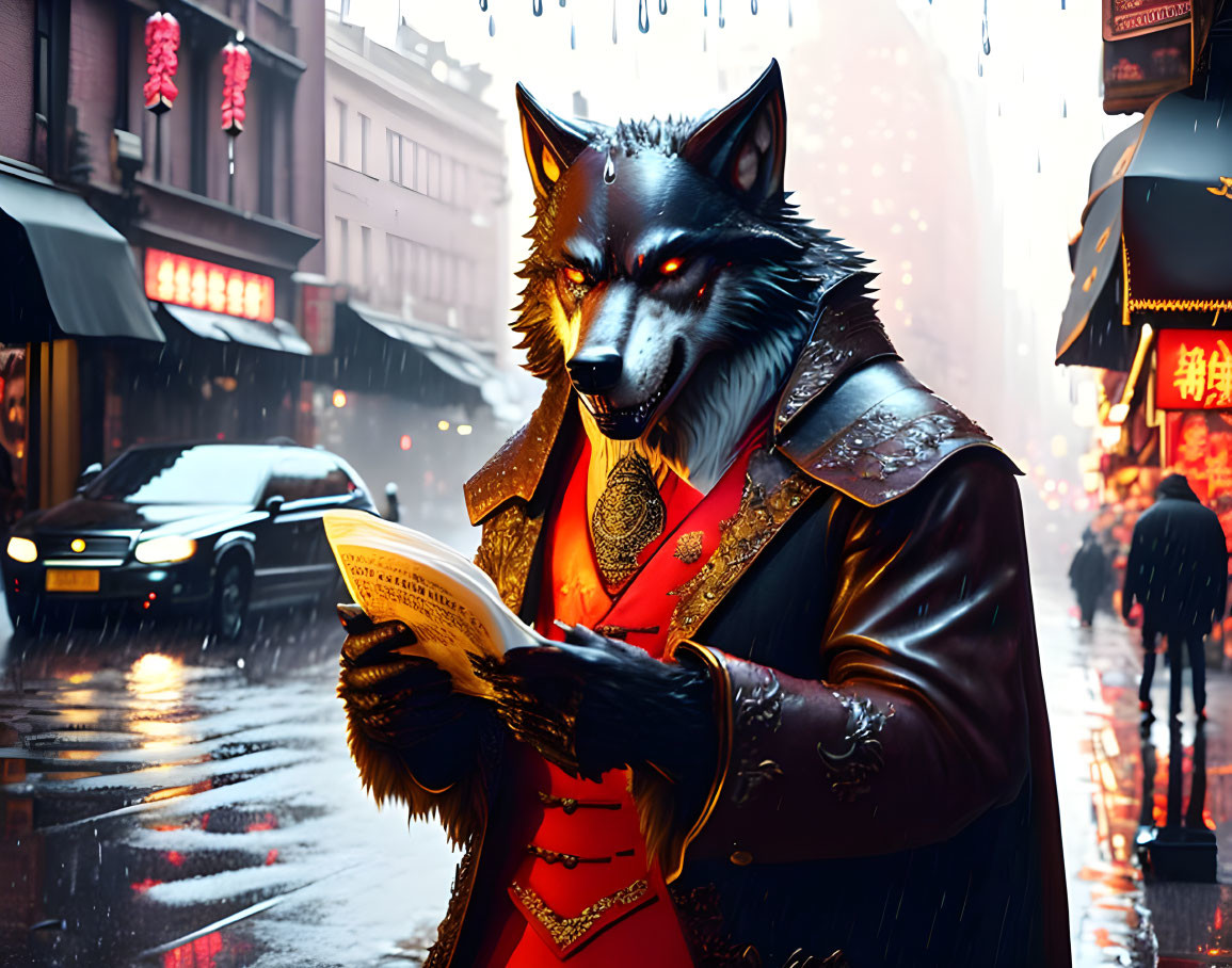 Anthropomorphic wolf in traditional attire on rain-drenched street.