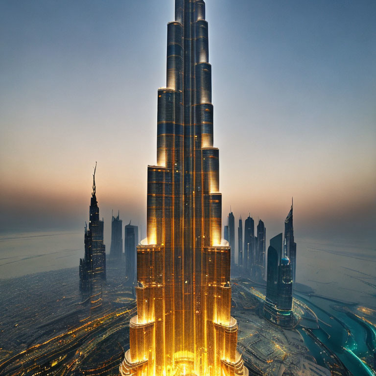 Twilight aerial view of illuminated Burj Khalifa amid skyscrapers and roads