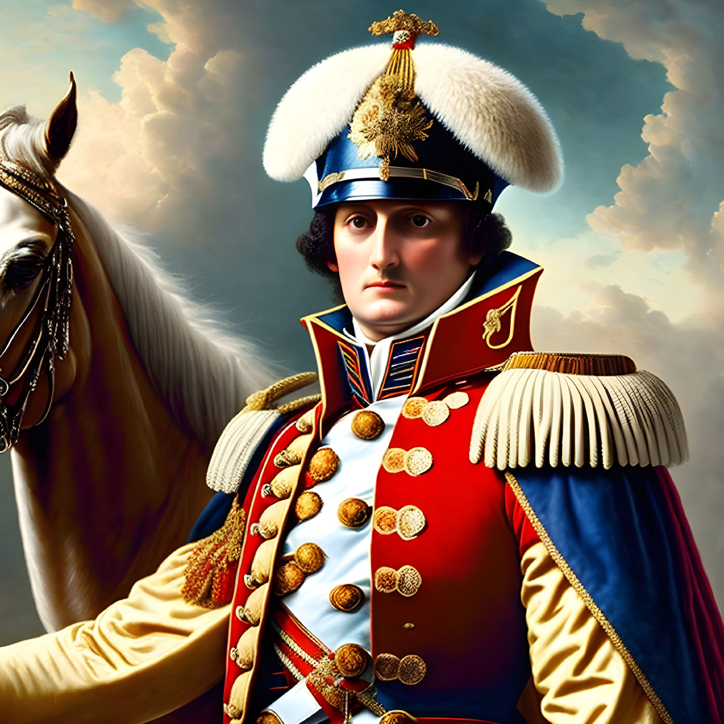 Historical figure in blue and red military uniform with bicorne hat