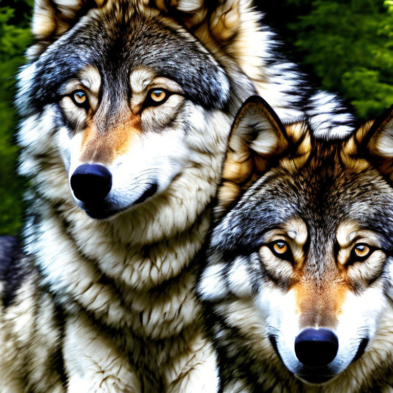 Realistic illustrated wolves with vibrant fur on green background