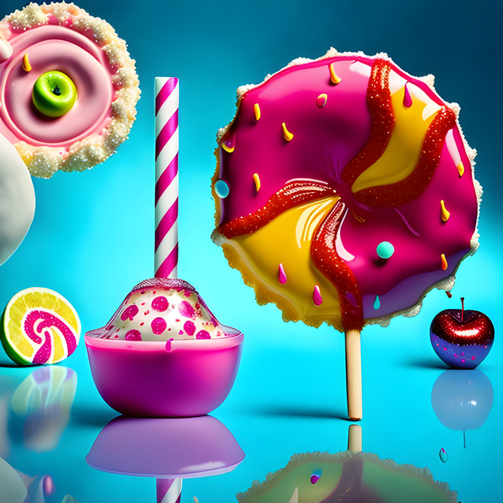 Vibrant Fantasy Candyland Scene with Giant Lollipop and Floating Fruits