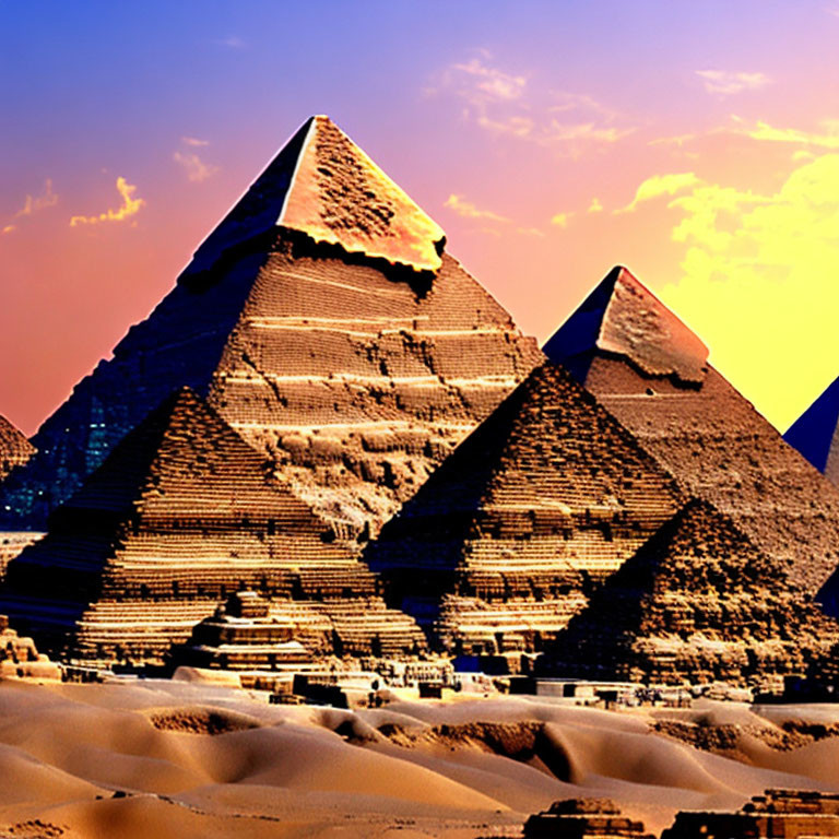 Iconic Great Pyramids of Giza at Sunset with Shadows on Sand