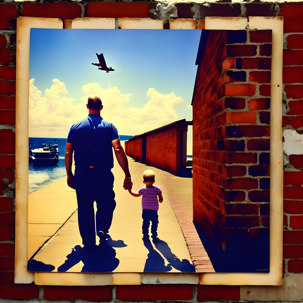 Man and child walking on pier beside brick wall under clear blue sky.