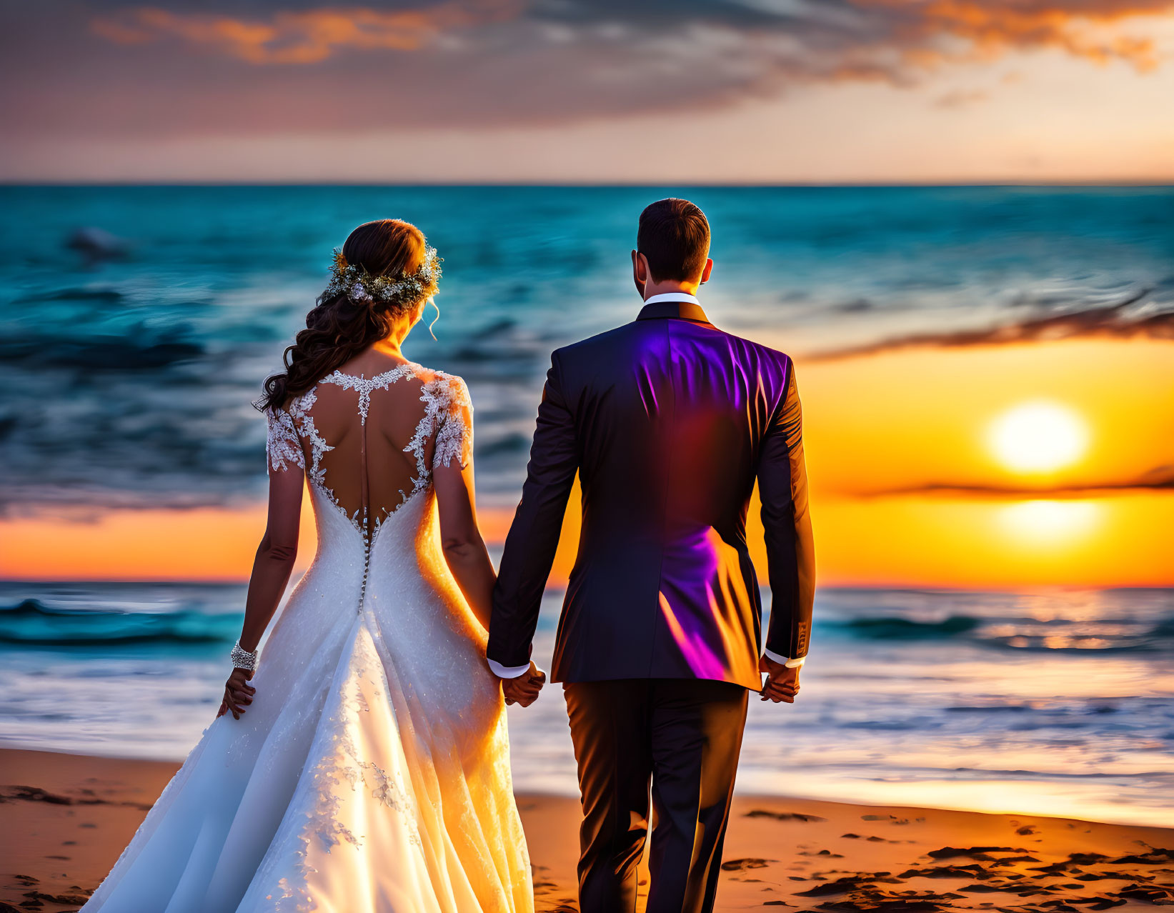 Bride and groom holding hands on beach at sunset