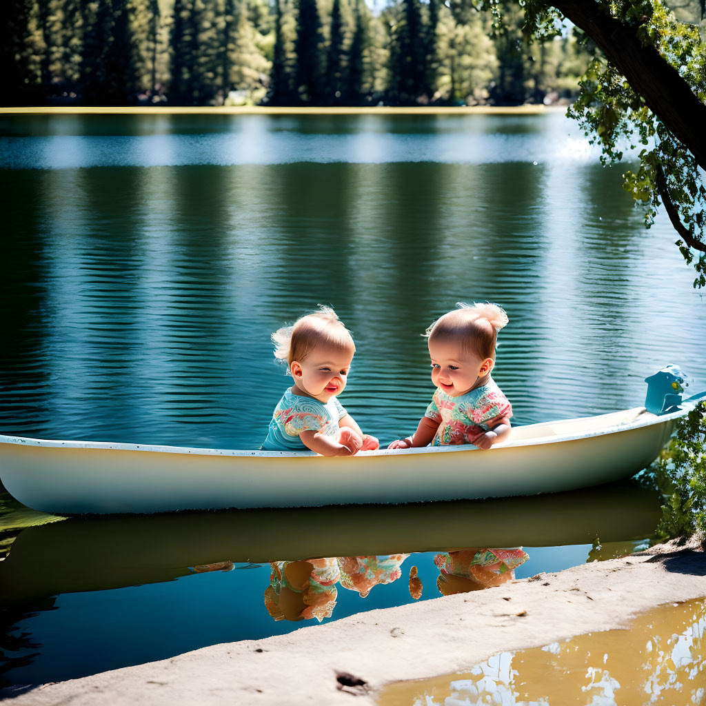 Two toddlers in matching outfits in a canoe on a calm lake surrounded by trees.