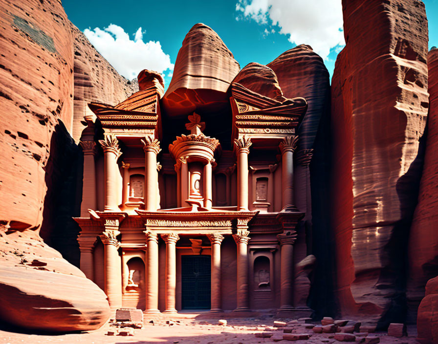 Ancient rock-cut architecture at Petra, Jordan with intricately carved facade under blue sky