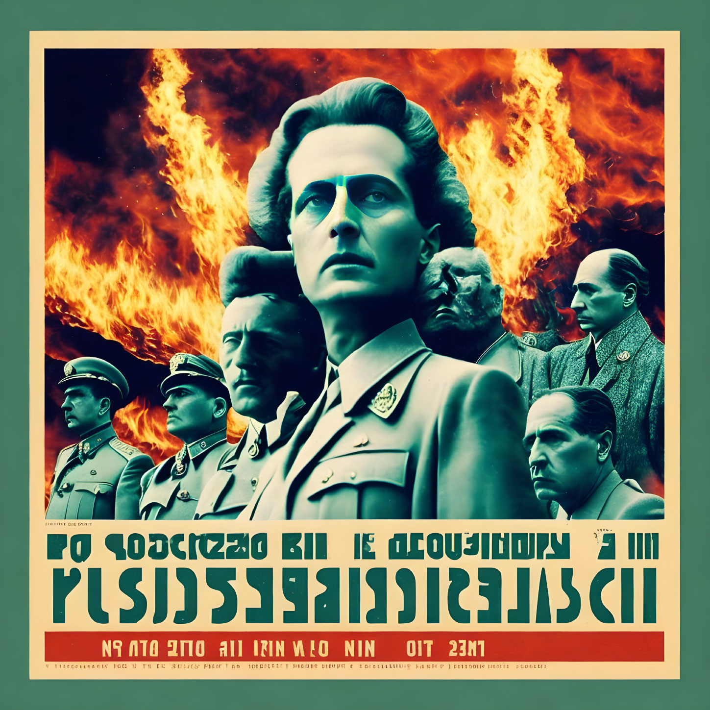 Military-themed poster with central figure in uniform and flames, surrounded by Russian text