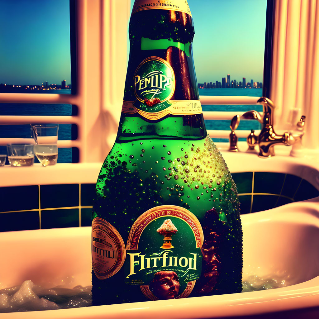 Condensation-covered beer bottle by bubble-filled bathtub overlooking city skyline at sunset