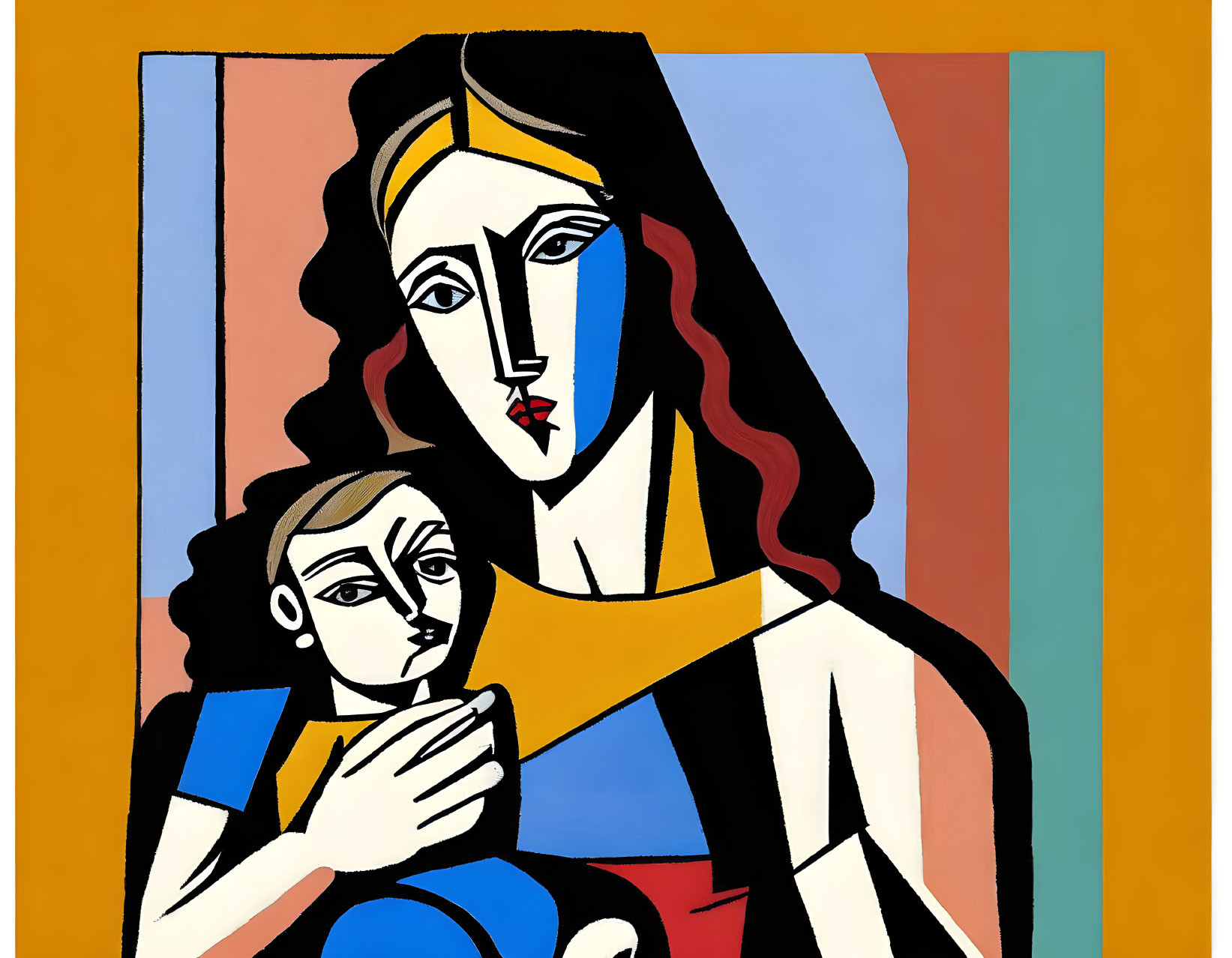 Vibrant Cubist-style painting of woman and child in bold colors