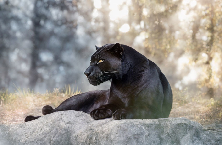 Black Panther Lounging on Rock in Misty Forest