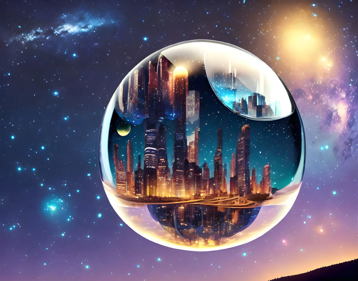 Surreal yin-yang symbol with nighttime cityscape and starry cosmos