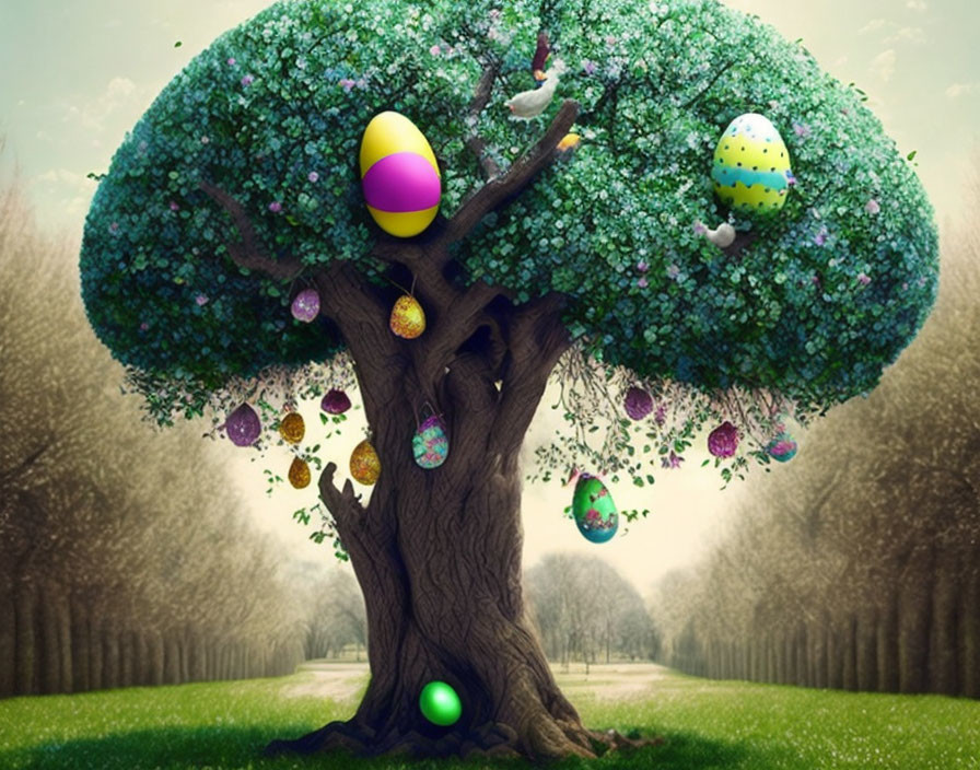 Colorful Easter eggs decorate tree in grassy field surrounded by trees