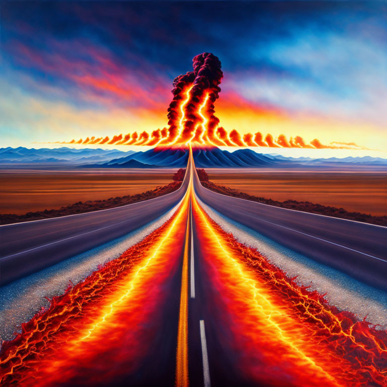 Surreal road scene melting into lava under fiery sky