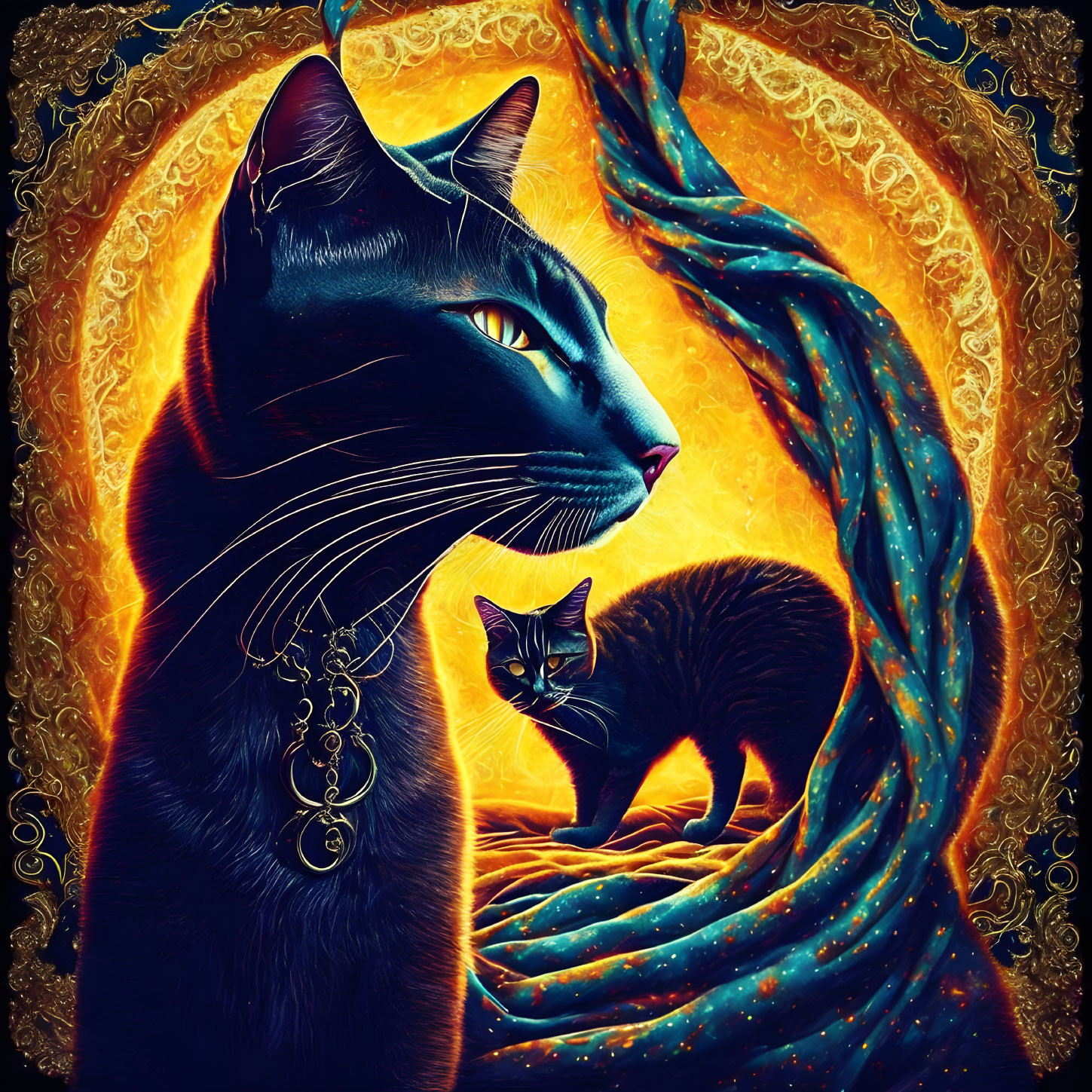 Majestic black cat with pendant in golden and blue luminescent backdrop