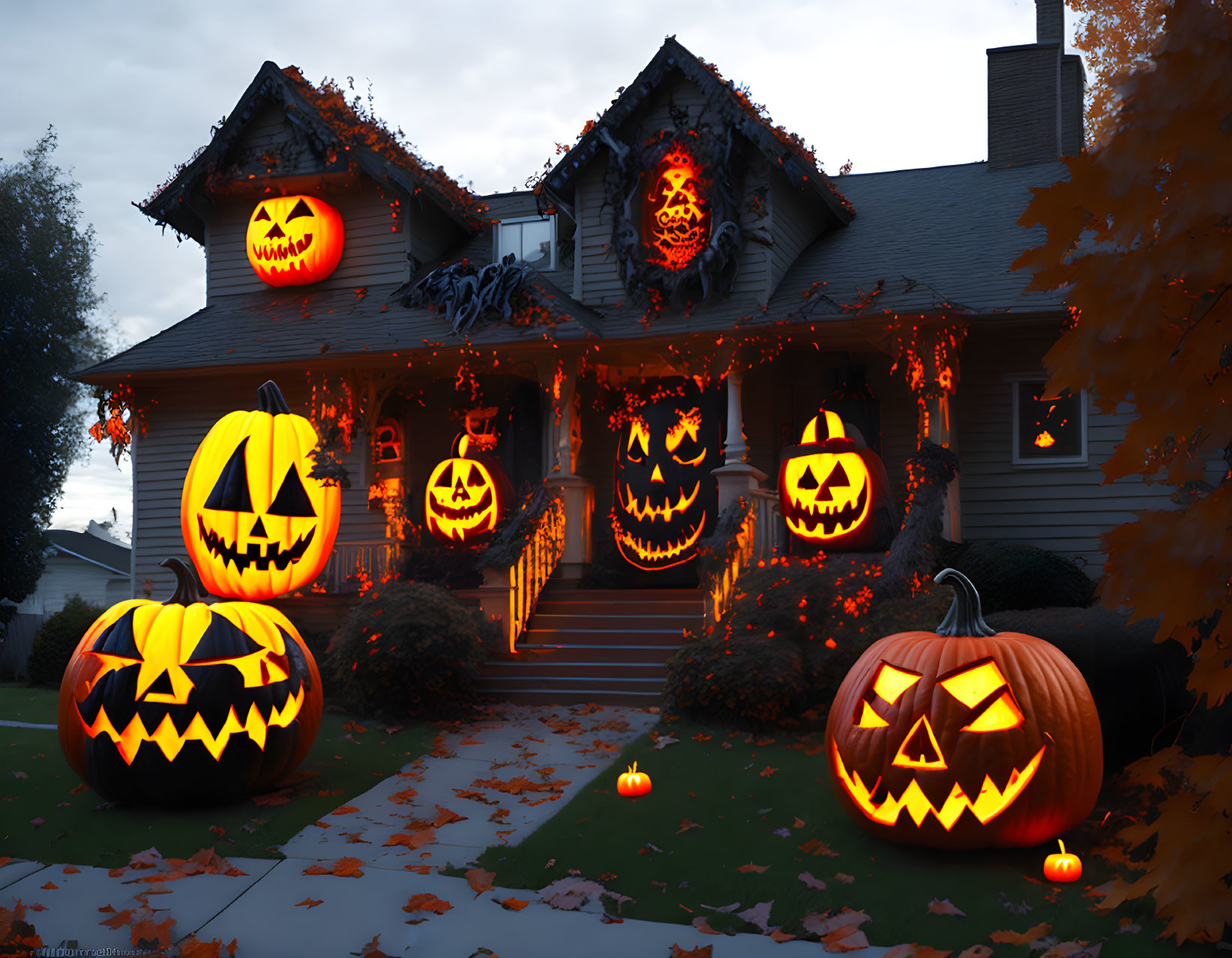 House Decorated for Halloween with Jack-o'-lanterns, Orange Lights, and Spider