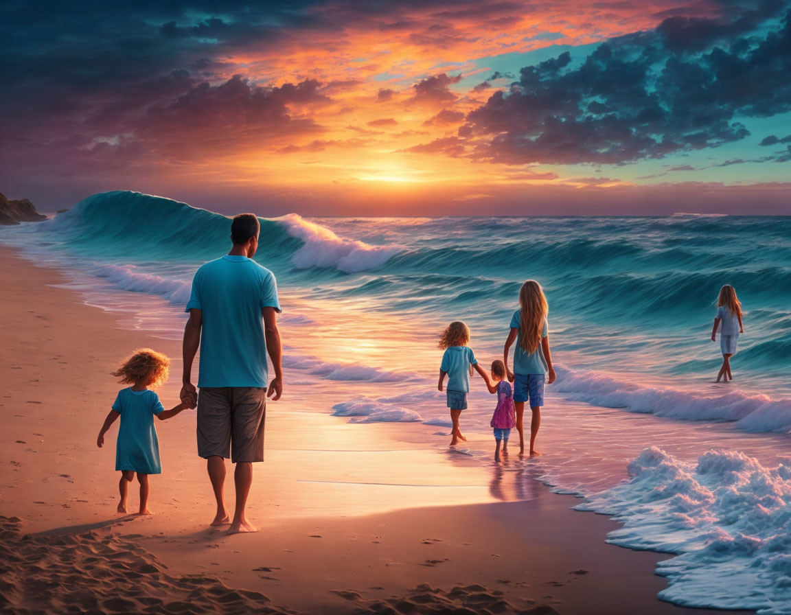 Family walking along shore at sunset with rolling waves and vibrant sky.