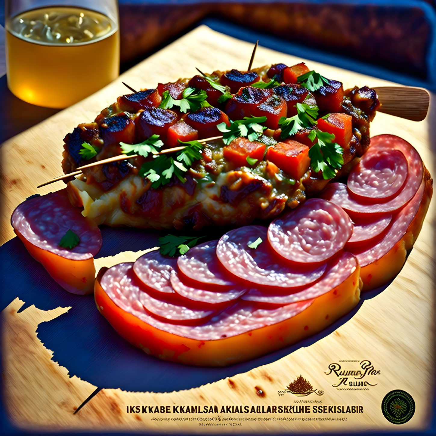 Savory grilled kebab with parsley, tomatoes, sausage, and beer on wooden board