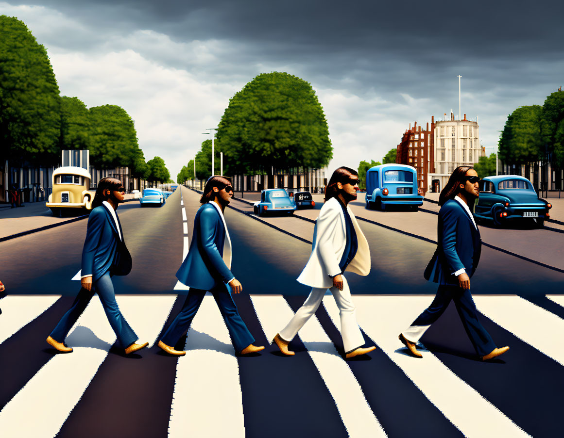 Four animated characters crossing zebra crossing in stylized album cover art