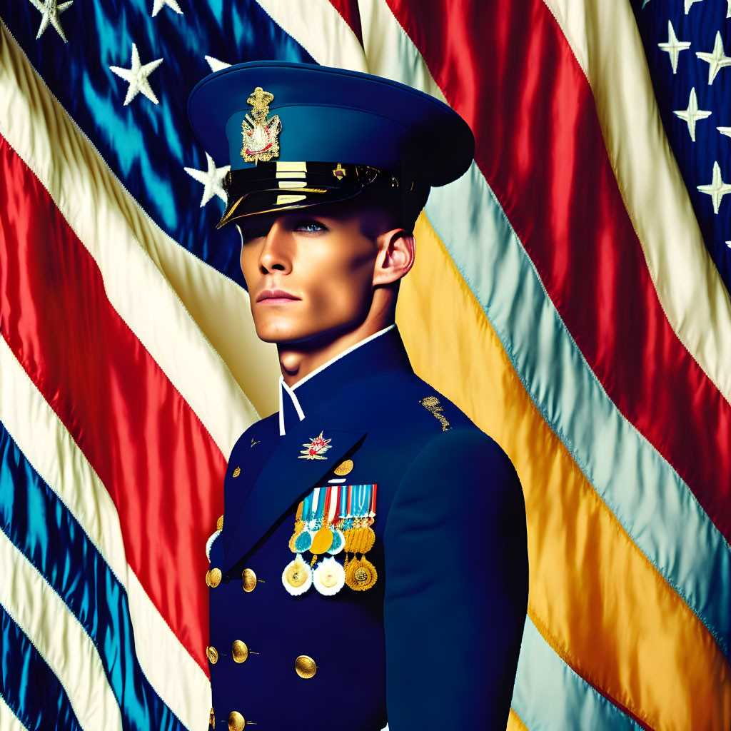 Stoic person in military uniform with medals and American flag