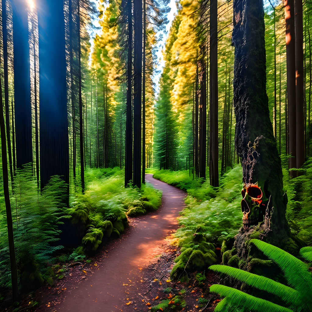 Lush forest path with towering trees and green ferns