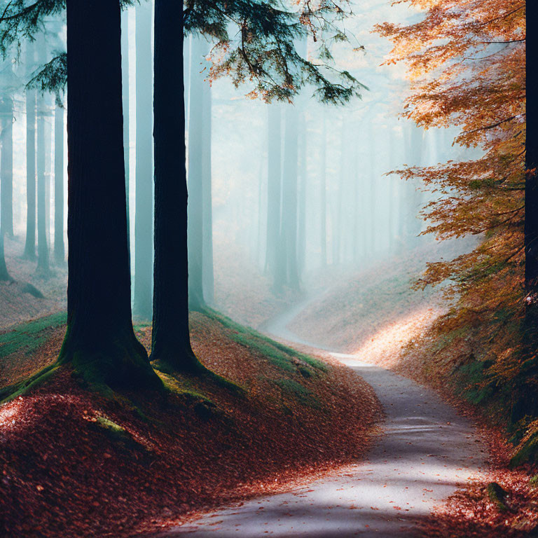 Serene forest path with misty sunlight through tall trees